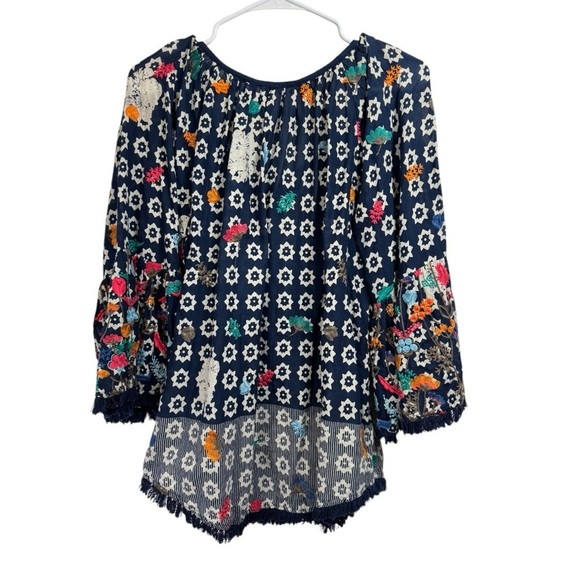 Soft Surroundings Size Small Blue Embroidered Floral Boho Tunic Top Fringe - Picture 2 of 10